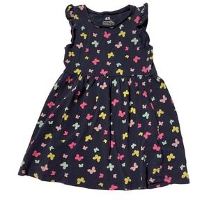 HM Girls Navy Blue Butterfly Print Organic Cotton Ruffle Sleeve Dress Size 2-4Y